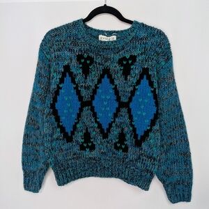 Evian II Vintage 80s Knitted By Hand Argyle Chunky Knit Sweater Sz. L